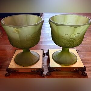 Green Frosted Compote/Candy Dish w/pedestal on brass base, Vintage
